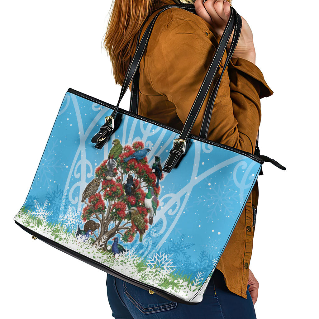 New Zealand Birds Christmas Leather Tote Bag Pohutukawa Xmas Tree LT05 - Polynesian Pride