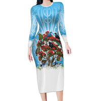 New Zealand Birds Christmas Long Sleeve Bodycon Dress Pohutukawa Xmas Tree LT05 Long Dress Blue - Polynesian Pride