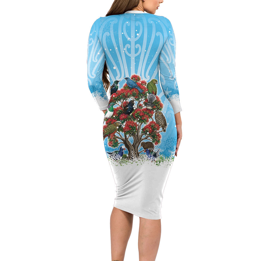 New Zealand Birds Christmas Long Sleeve Bodycon Dress Pohutukawa Xmas Tree LT05 - Polynesian Pride