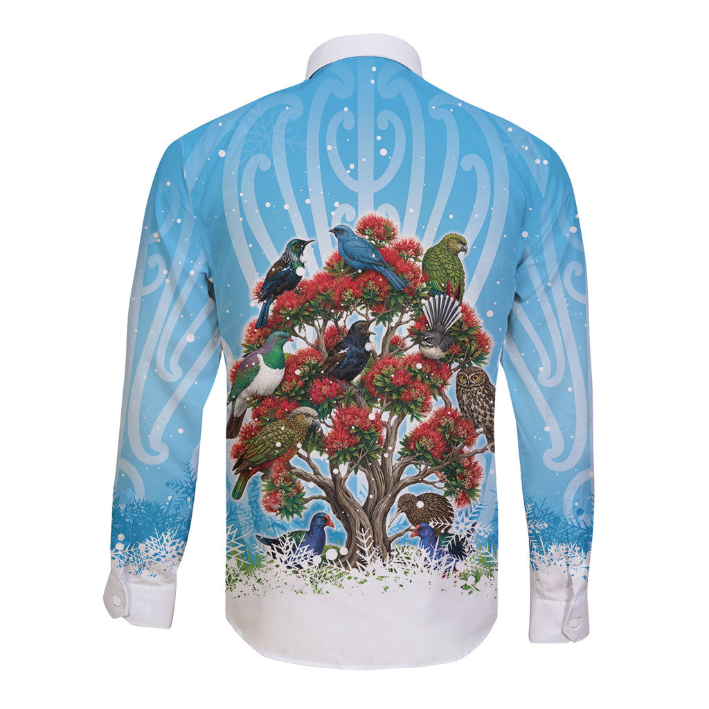 New Zealand Birds Christmas Long Sleeve Button Shirt Pohutukawa Xmas Tree LT05 - Polynesian Pride