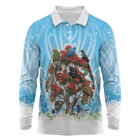 New Zealand Birds Christmas Long Sleeve Polo Shirt Pohutukawa Xmas Tree LT05 Blue - Polynesian Pride
