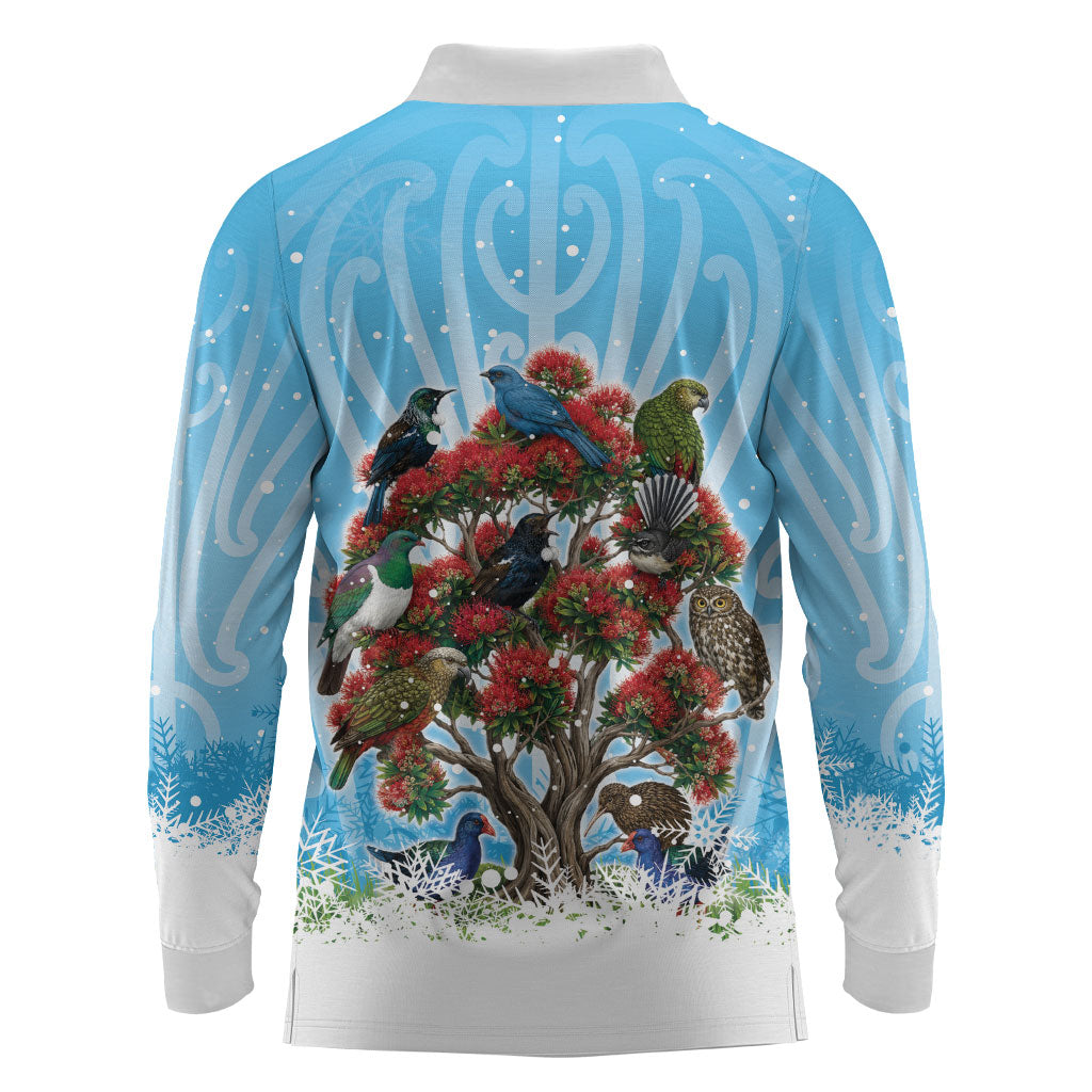 New Zealand Birds Christmas Long Sleeve Polo Shirt Pohutukawa Xmas Tree LT05 - Polynesian Pride