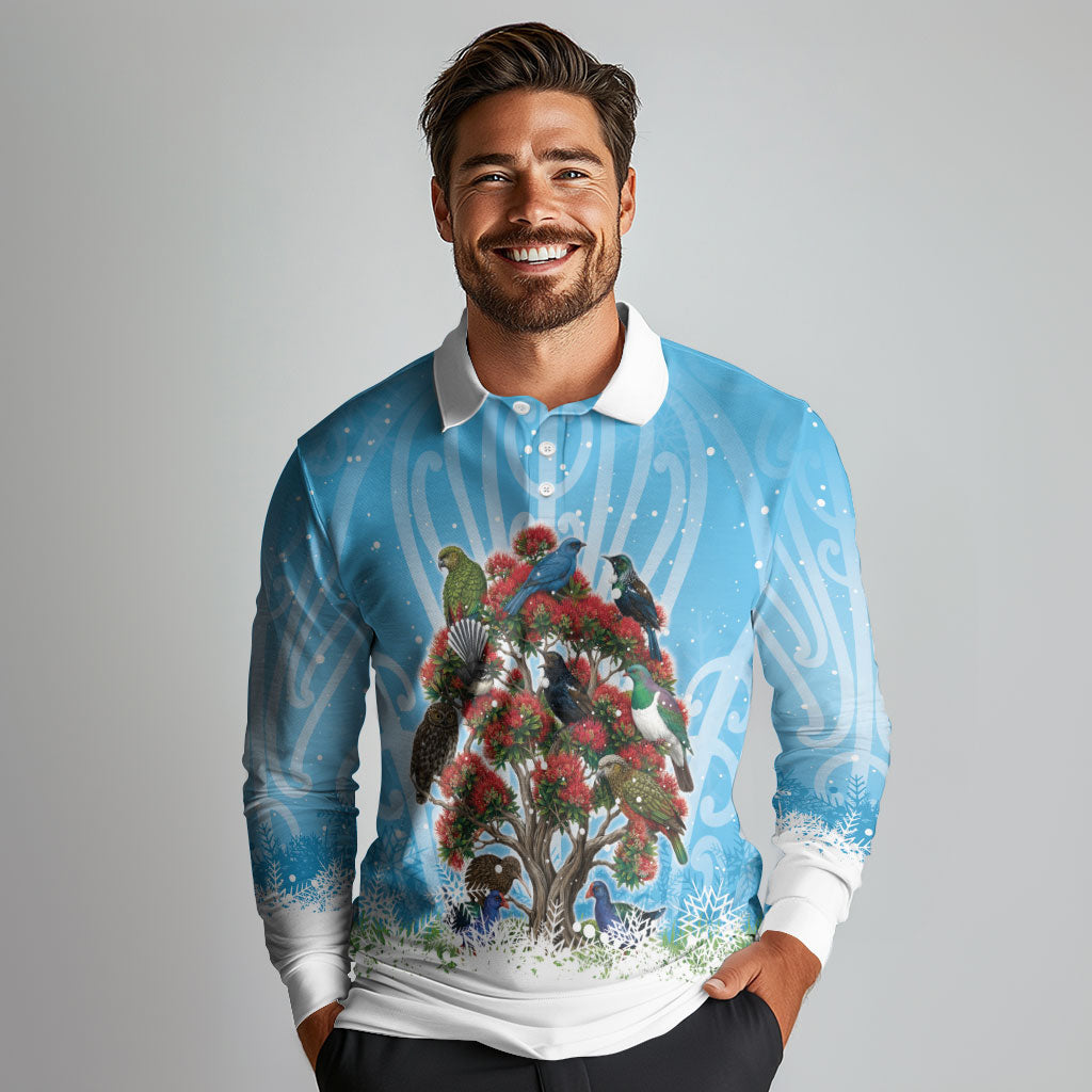 New Zealand Birds Christmas Long Sleeve Polo Shirt Pohutukawa Xmas Tree LT05 - Polynesian Pride