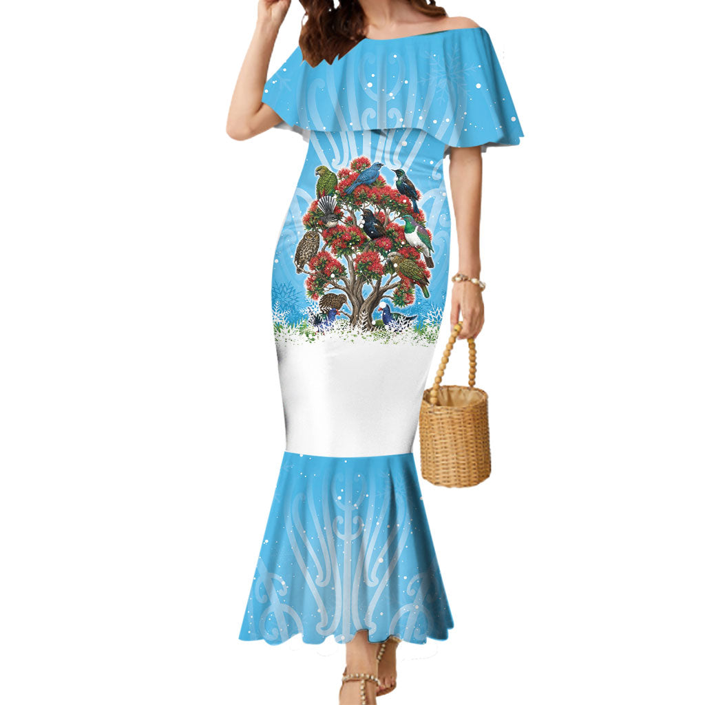 New Zealand Birds Christmas Mermaid Dress Pohutukawa Xmas Tree LT05 Women Blue - Polynesian Pride
