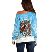 New Zealand Birds Christmas Off Shoulder Sweater Pohutukawa Xmas Tree LT05 - Polynesian Pride