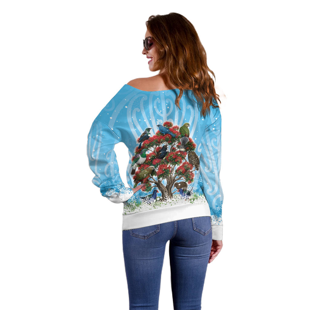 New Zealand Birds Christmas Off Shoulder Sweater Pohutukawa Xmas Tree LT05 - Polynesian Pride