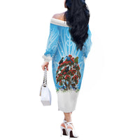 New Zealand Birds Christmas Off The Shoulder Long Sleeve Dress Pohutukawa Xmas Tree LT05 - Polynesian Pride