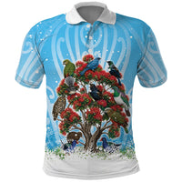 New Zealand Birds Christmas Polo Shirt Pohutukawa Xmas Tree LT05 Blue - Polynesian Pride