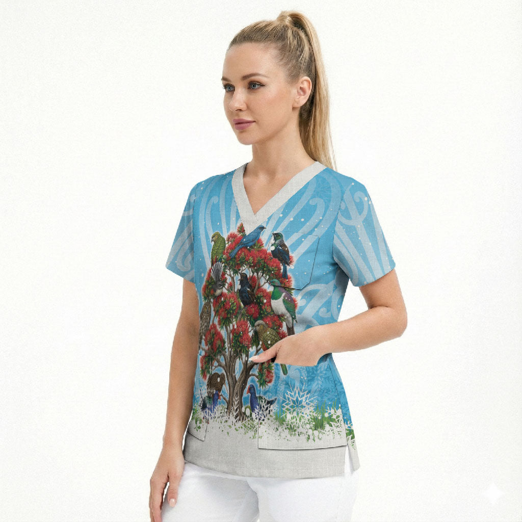 New Zealand Birds Christmas Scrub Top Pohutukawa Xmas Tree LT05 - Polynesian Pride