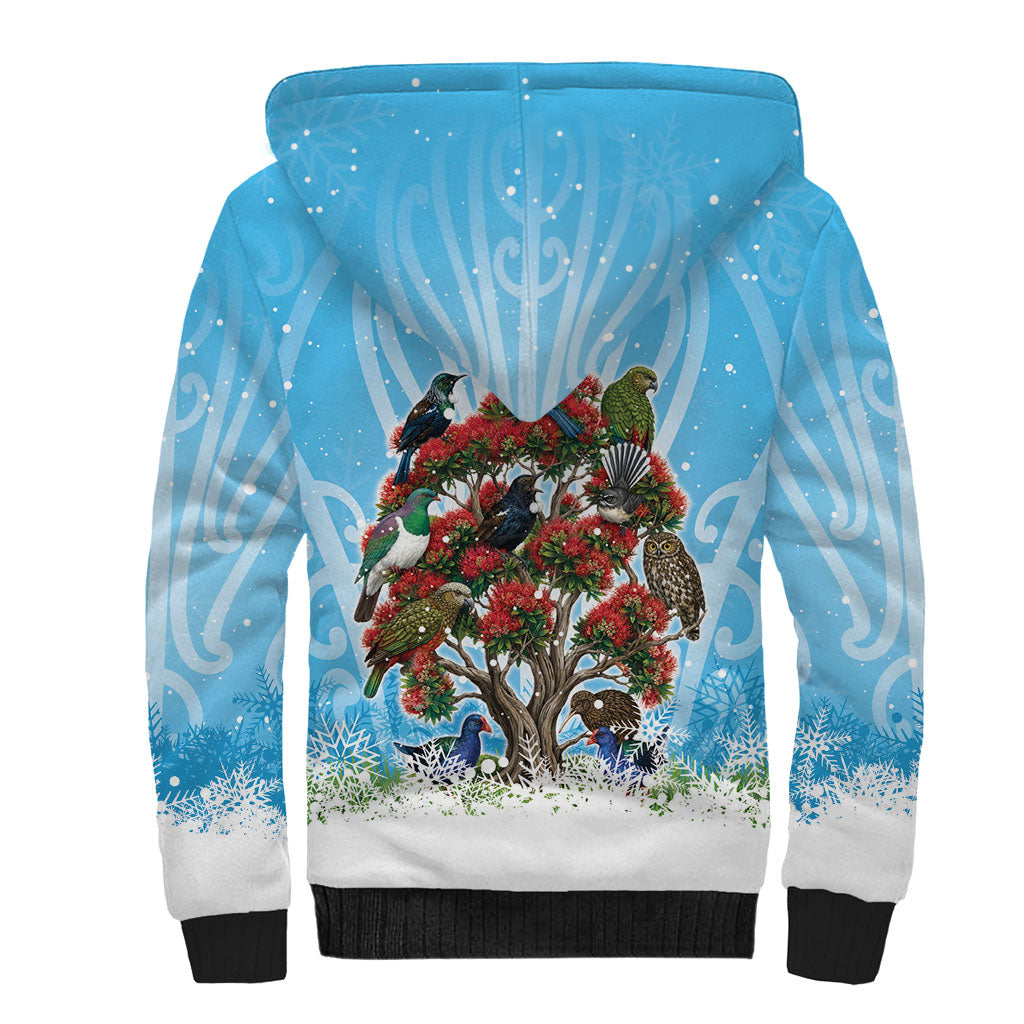 New Zealand Birds Christmas Sherpa Hoodie Pohutukawa Xmas Tree LT05 - Polynesian Pride
