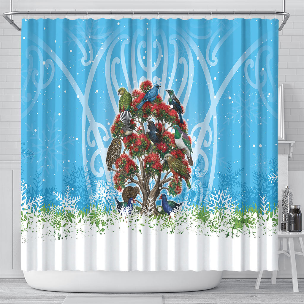 New Zealand Birds Christmas Shower Curtain Pohutukawa Xmas Tree LT05 - Polynesian Pride