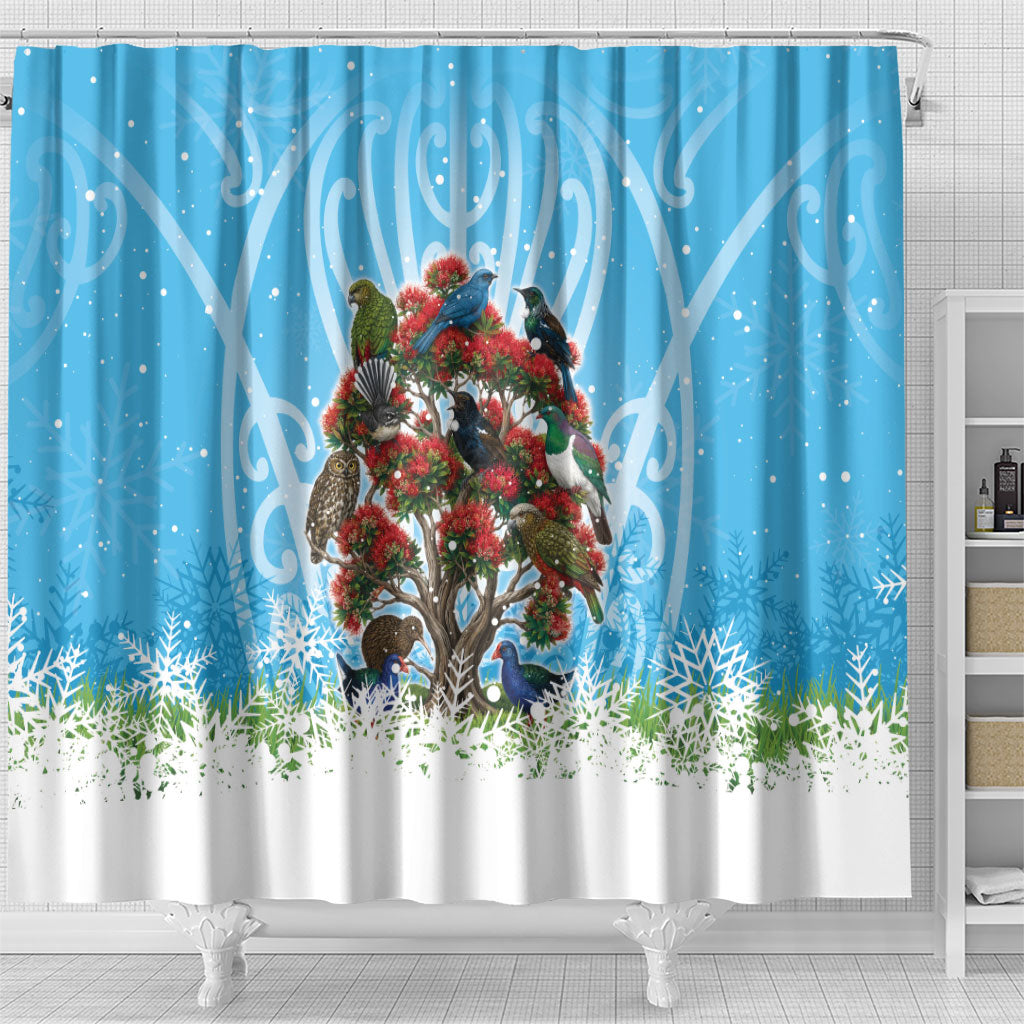 New Zealand Birds Christmas Shower Curtain Pohutukawa Xmas Tree LT05 - Polynesian Pride