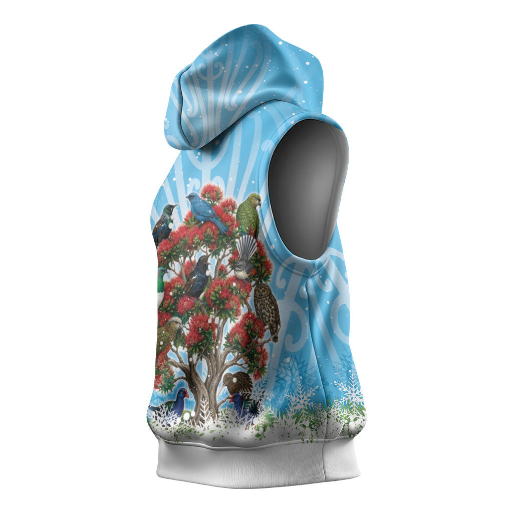 New Zealand Birds Christmas Sleeveless Hoodie Pohutukawa Xmas Tree LT05 - Polynesian Pride