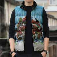 New Zealand Birds Christmas Sleeveless Puffer Jacket Pohutukawa Xmas Tree LT05 - Polynesian Pride