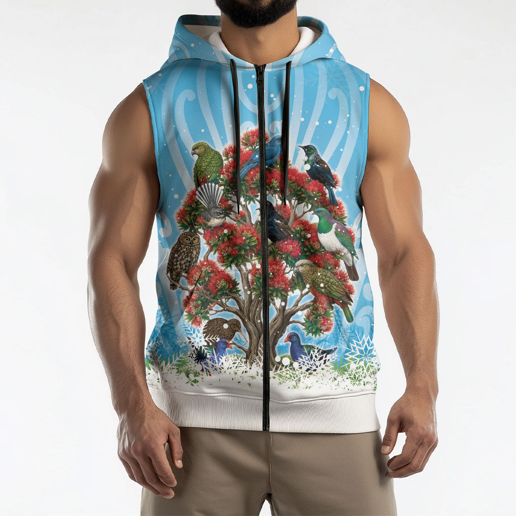 New Zealand Birds Christmas Sleeveless Zip Hoodie Pohutukawa Xmas Tree LT05 - Polynesian Pride
