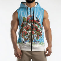 New Zealand Birds Christmas Sleeveless Zip Hoodie Pohutukawa Xmas Tree LT05 - Polynesian Pride