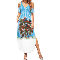 New Zealand Birds Christmas Summer Maxi Dress Pohutukawa Xmas Tree LT05 Women Blue - Polynesian Pride