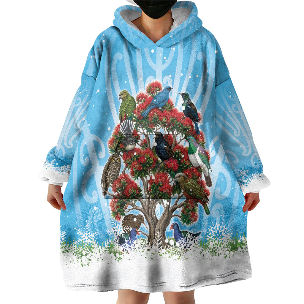New Zealand Birds Christmas Wearable Blanket Hoodie Pohutukawa Xmas Tree LT05 - Polynesian Pride