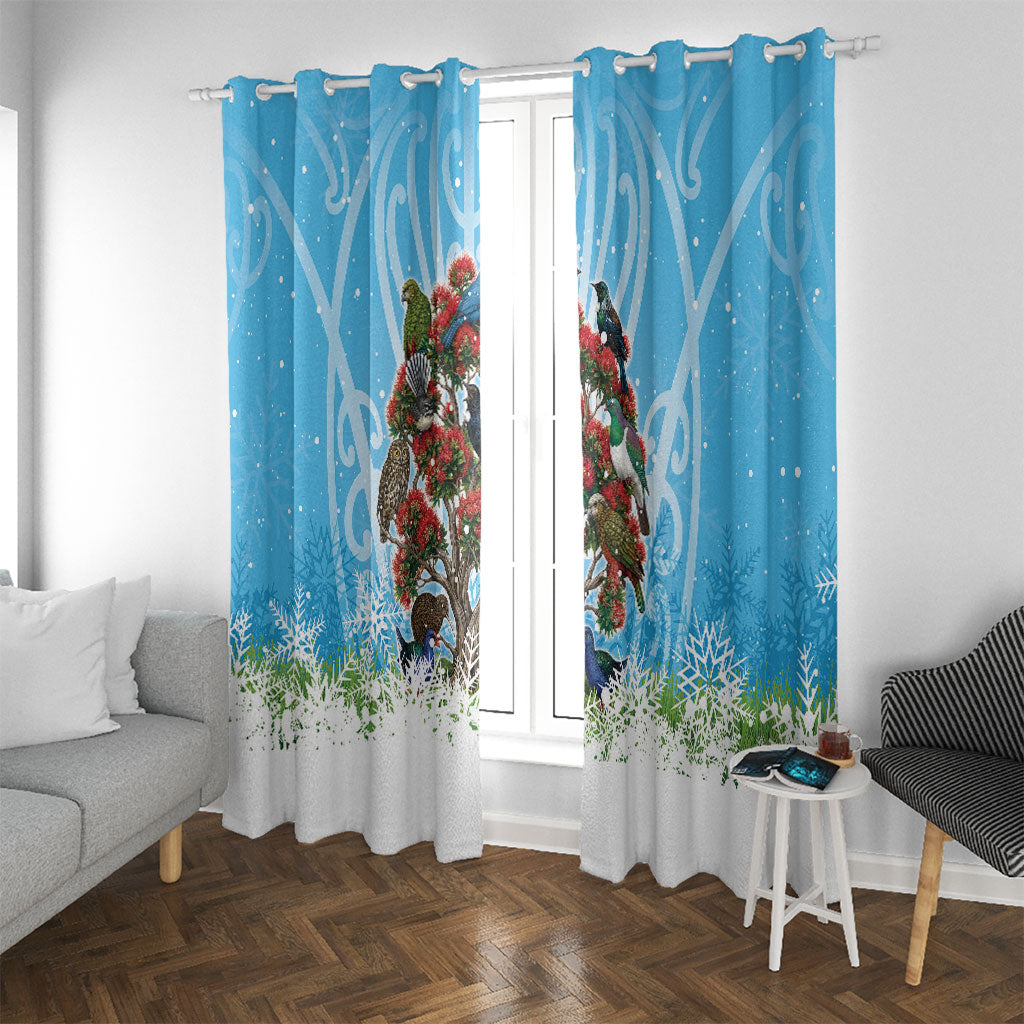 New Zealand Birds Christmas Window Curtain Pohutukawa Xmas Tree LT05 With Grommets Blue - Polynesian Pride