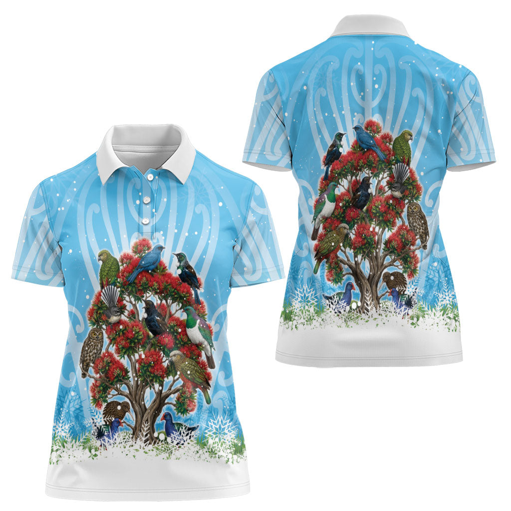 New Zealand Birds Christmas Women Polo Shirt Pohutukawa Xmas Tree LT05 - Polynesian Pride
