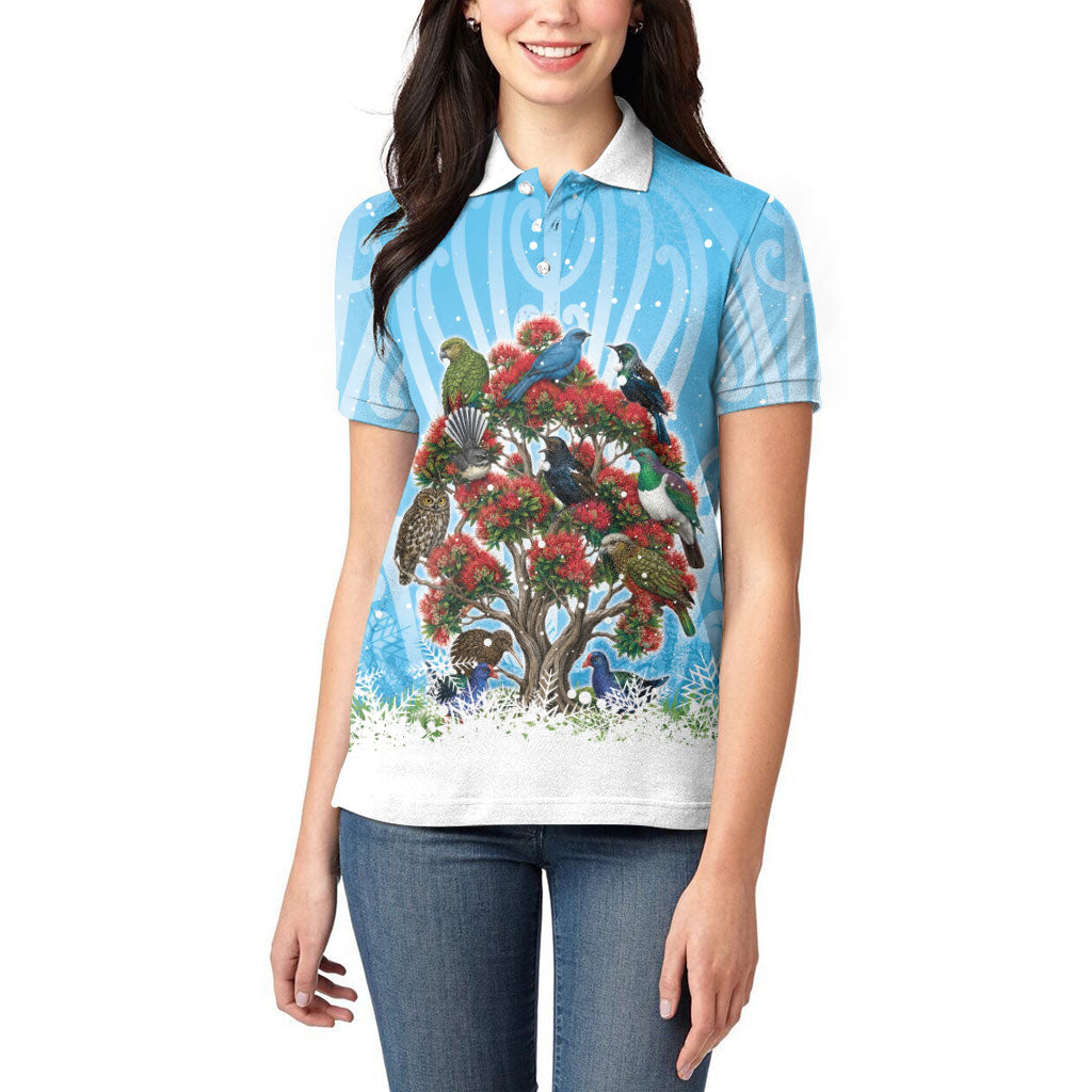 New Zealand Birds Christmas Women Polo Shirt Pohutukawa Xmas Tree LT05 - Polynesian Pride