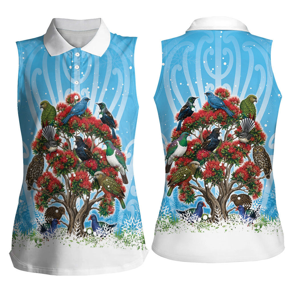 New Zealand Birds Christmas Women Sleeveless Polo Shirt Pohutukawa Xmas Tree LT05 - Polynesian Pride