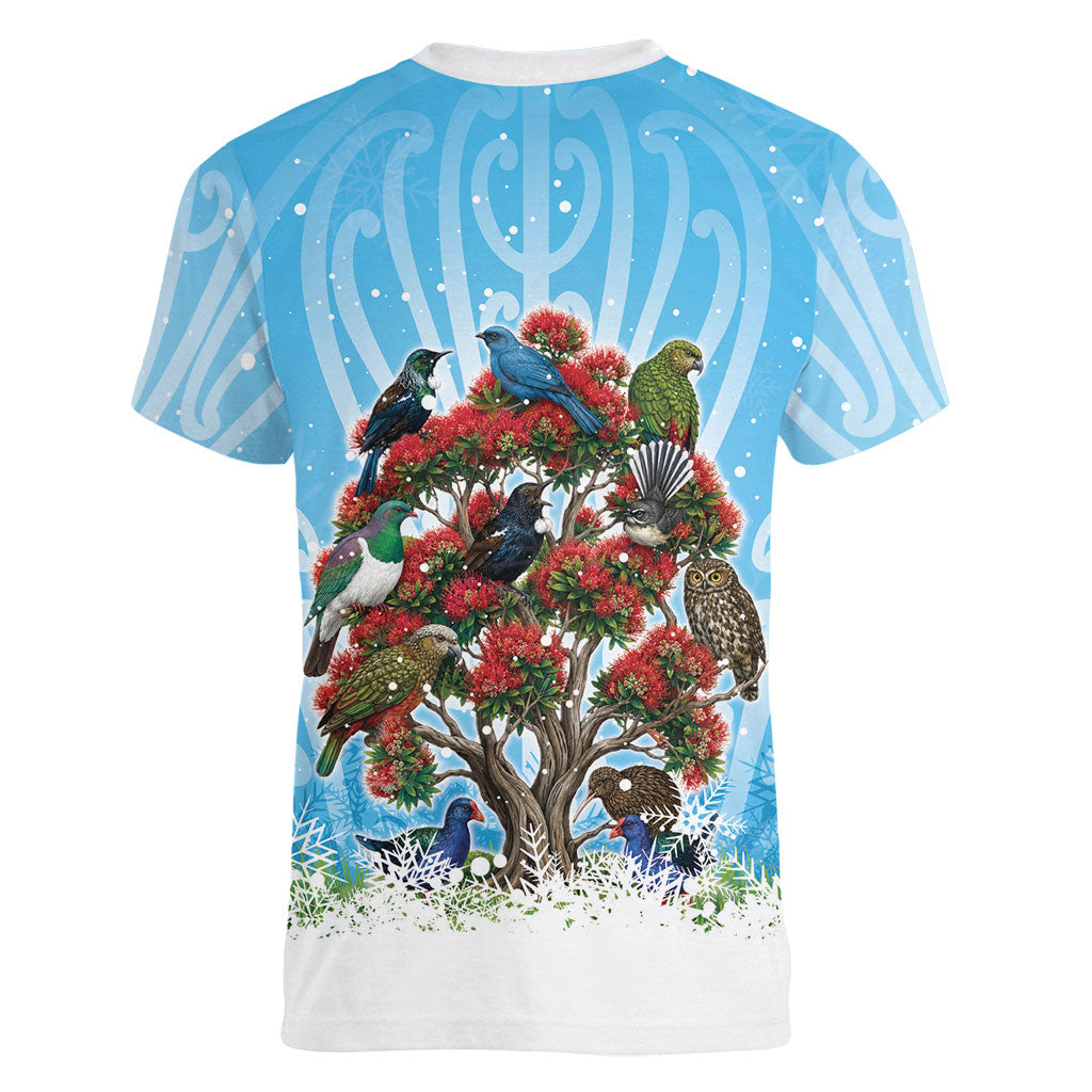 New Zealand Birds Christmas Women V-Neck T-Shirt Pohutukawa Xmas Tree LT05 - Polynesian Pride