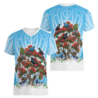 New Zealand Birds Christmas Women V-Neck T-Shirt Pohutukawa Xmas Tree LT05 - Polynesian Pride