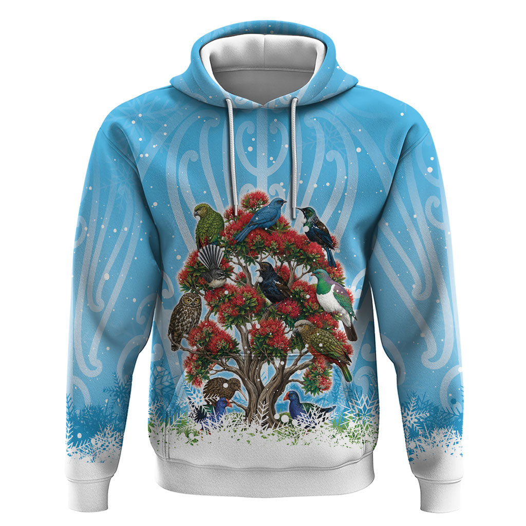 New Zealand Birds Christmas Zip Hoodie Pohutukawa Xmas Tree LT05 Pullover Hoodie Blue - Polynesian Pride