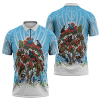 New Zealand Birds Christmas Zipper Polo Shirt Pohutukawa Xmas Tree LT05 - Polynesian Pride