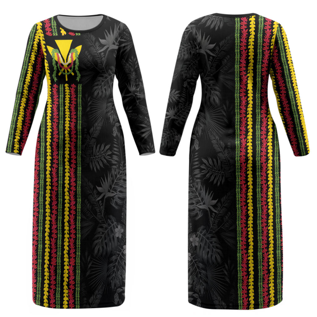Hawaii Lei Kanaka Maoli Flag Couples Matching Long Sleeve Bodycon Dress and Long Sleeve Button Shirt Tropical Vibes LT05 - Polynesian Pride