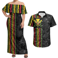 Hawaii Lei Kanaka Maoli Flag Couples Matching Off Shoulder Maxi Dress and Hawaiian Shirt Tropical Vibes LT05 Black - Polynesian Pride