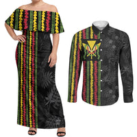 Hawaii Lei Kanaka Maoli Flag Couples Matching Off Shoulder Maxi Dress and Long Sleeve Button Shirt Tropical Vibes LT05 Black - Polynesian Pride