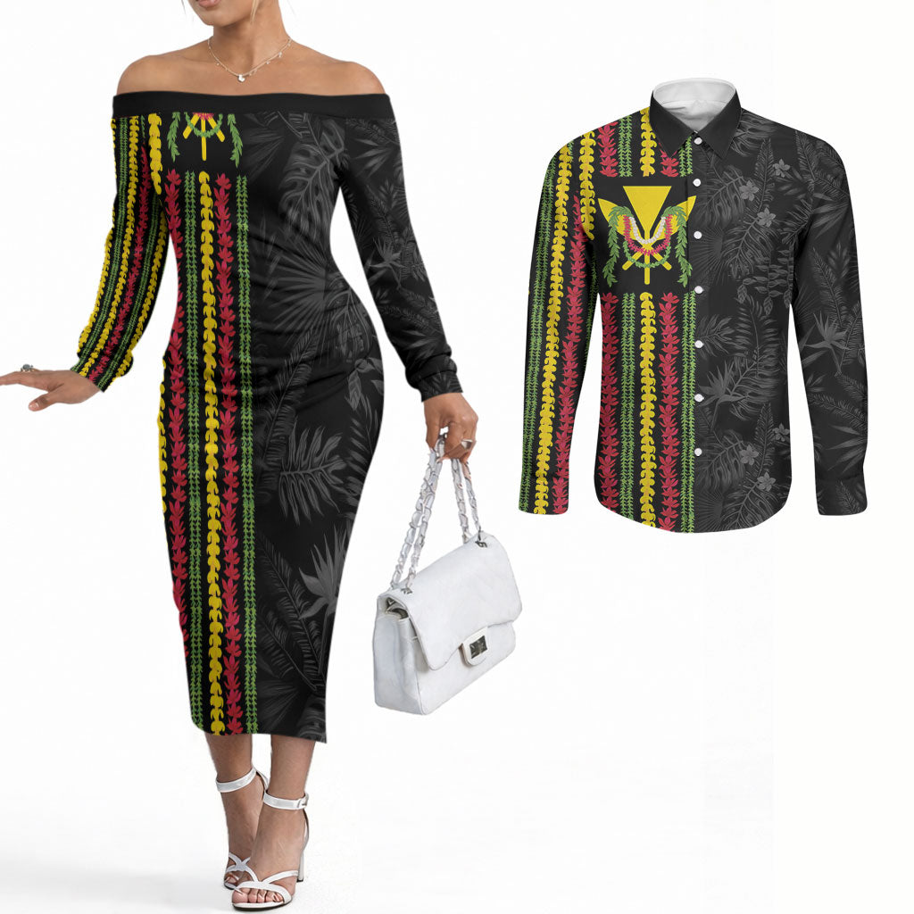 Hawaii Lei Kanaka Maoli Flag Couples Matching Off The Shoulder Long Sleeve Dress and Long Sleeve Button Shirt Tropical Vibes LT05 Black - Polynesian Pride