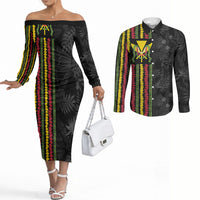 Hawaii Lei Kanaka Maoli Flag Couples Matching Off The Shoulder Long Sleeve Dress and Long Sleeve Button Shirt Tropical Vibes LT05 Black - Polynesian Pride