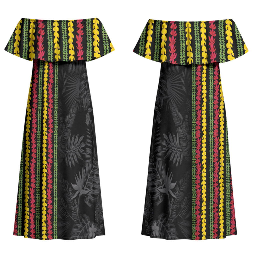 Hawaii Lei Kanaka Maoli Flag Family Matching Off Shoulder Maxi Dress and Hawaiian Shirt Tropical Vibes LT05 Mom's Dress Black - Polynesian Pride