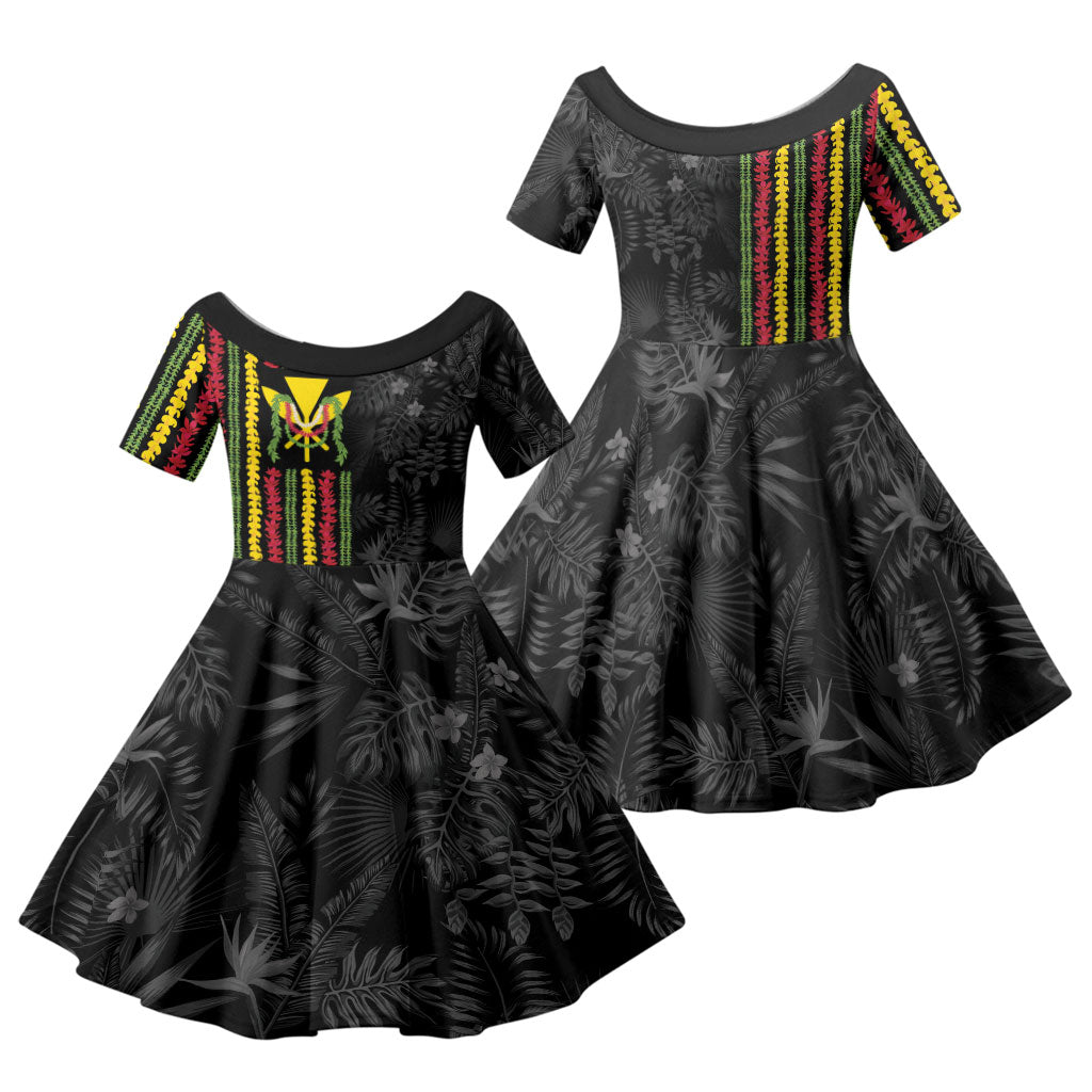 Hawaii Lei Kanaka Maoli Flag Family Matching Puletasi and Hawaiian Shirt Tropical Vibes LT05 Daughter's Dress Black - Polynesian Pride