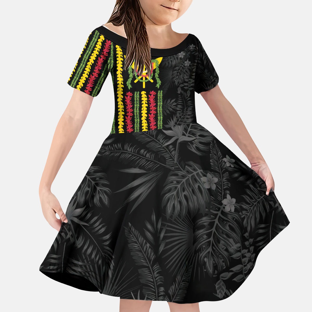 Hawaii Lei Kanaka Maoli Flag Kid Short Sleeve Dress Tropical Vibes LT05 KID Black - Polynesian Pride