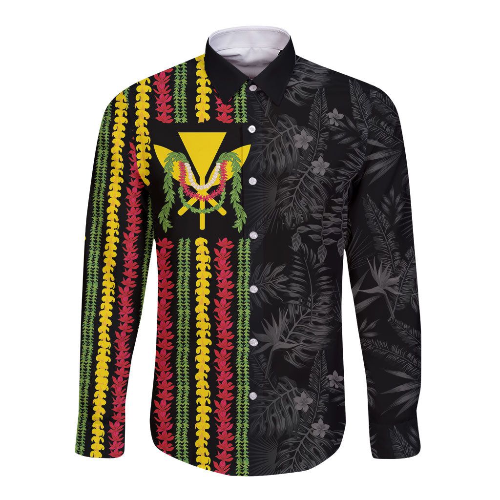 Hawaii Lei Kanaka Maoli Flag Long Sleeve Button Shirt Tropical Vibes LT05 Unisex Black - Polynesian Pride