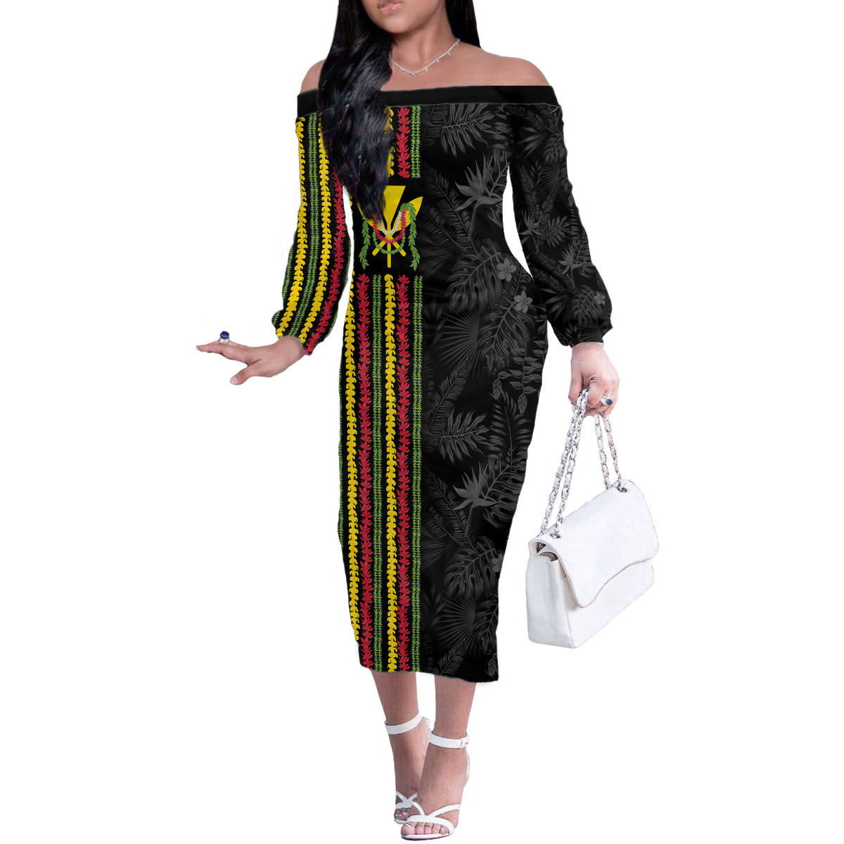 Hawaii Lei Kanaka Maoli Flag Off The Shoulder Long Sleeve Dress Tropical Vibes LT05 Women Black - Polynesian Pride