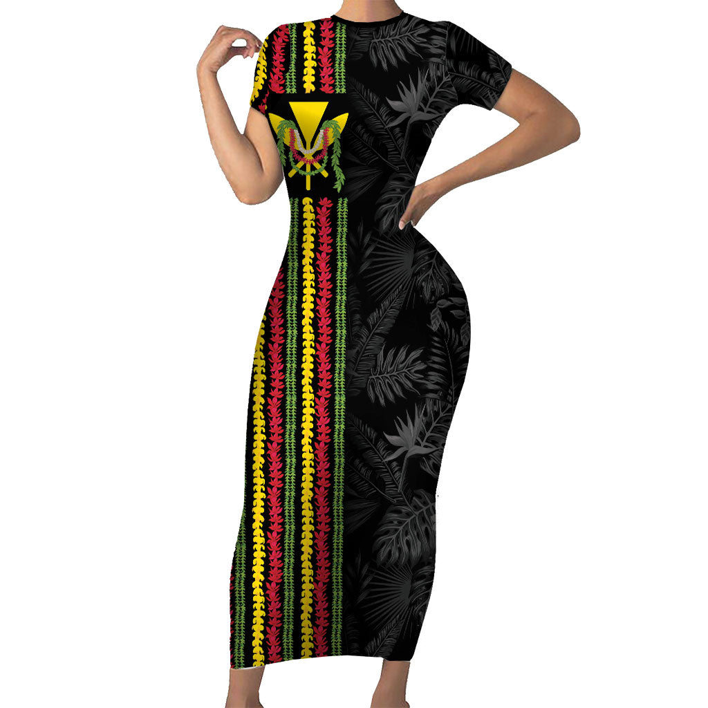 Hawaii Lei Kanaka Maoli Flag Short Sleeve Bodycon Dress Tropical Vibes LT05 Long Dress Black - Polynesian Pride