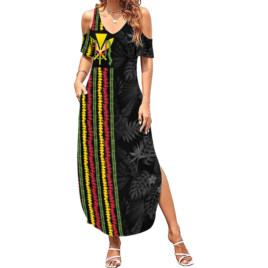 Hawaii Lei Kanaka Maoli Flag Summer Maxi Dress Tropical Vibes LT05 Women Black - Polynesian Pride