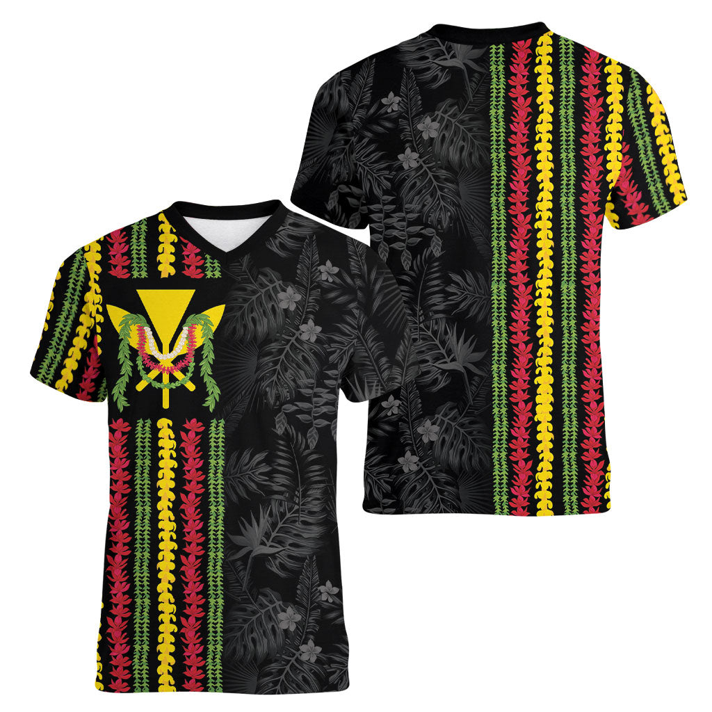 Hawaii Lei Kanaka Maoli Flag Women V-Neck T-Shirt Tropical Vibes LT05 - Polynesian Pride