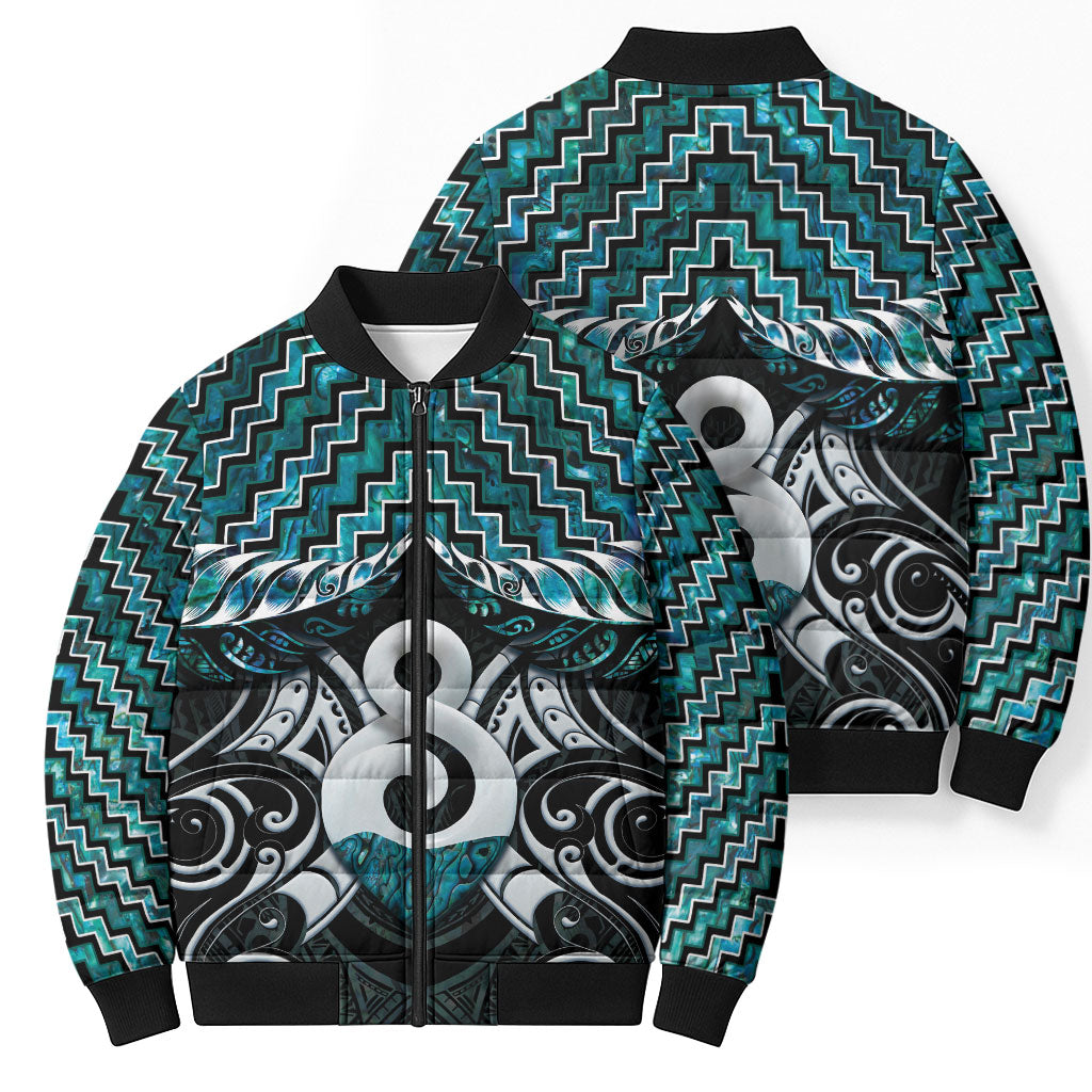 New Zealand Maori Bomber Puffer Jacket Poutama Pikorua - Single Twist Paua Shell