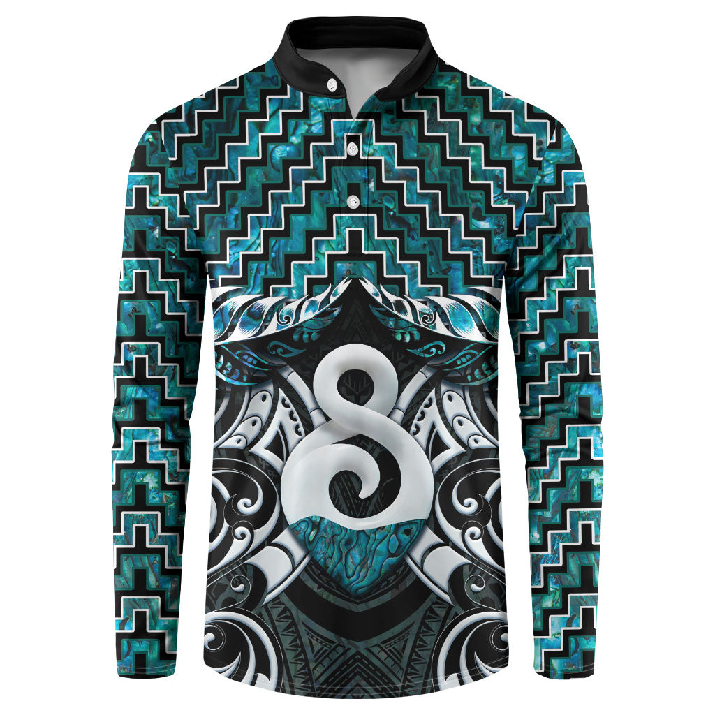 New Zealand Maori Button Sweatshirt Poutama Pikorua - Single Twist Paua Shell LT05 Turquoise - Polynesian Pride