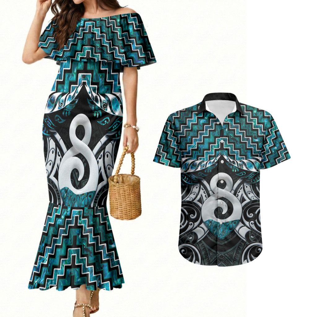 New Zealand Maori Couples Matching Mermaid Dress and Hawaiian Shirt Poutama Pikorua - Single Twist Paua Shell