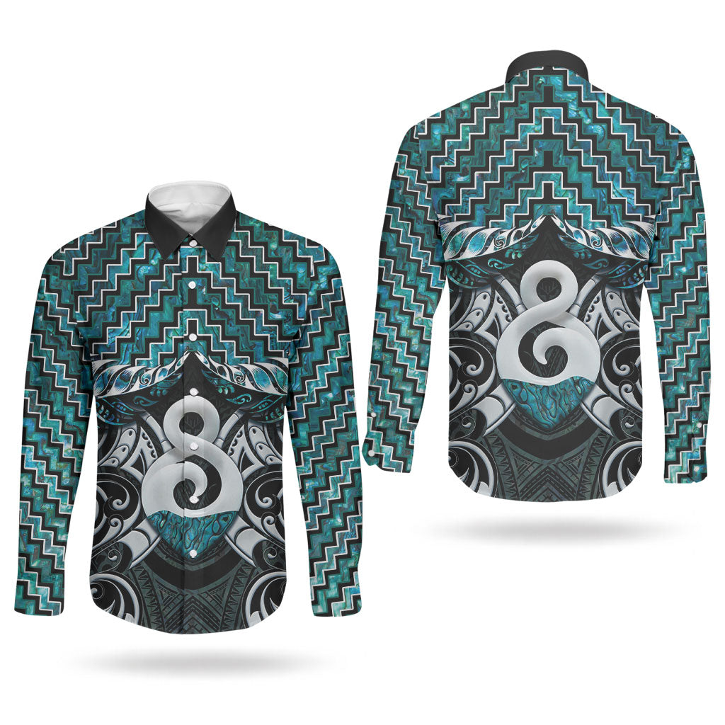New Zealand Maori Couples Matching Mermaid Dress and Long Sleeve Button Shirt Poutama Pikorua - Single Twist Paua Shell