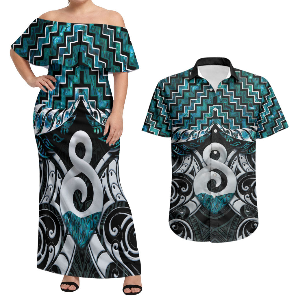 New Zealand Maori Couples Matching Off Shoulder Maxi Dress and Hawaiian Shirt Poutama Pikorua - Single Twist Paua Shell LT05 Turquoise - Polynesian Pride