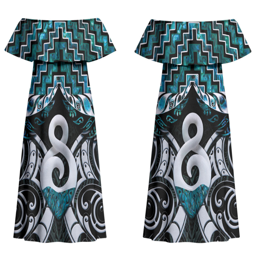 New Zealand Maori Couples Matching Off Shoulder Maxi Dress and Hawaiian Shirt Poutama Pikorua - Single Twist Paua Shell
