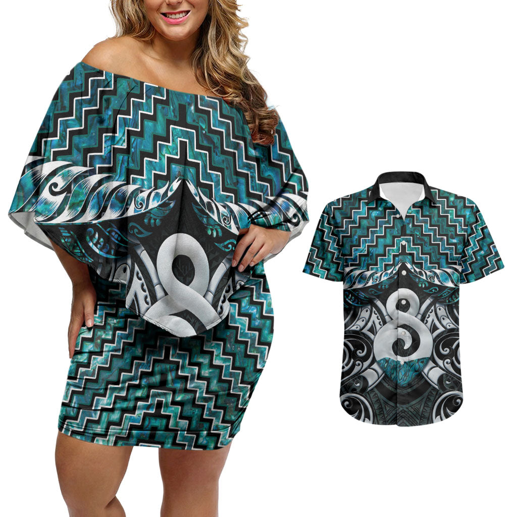 New Zealand Maori Couples Matching Off Shoulder Short Dress and Hawaiian Shirt Poutama Pikorua - Single Twist Paua Shell